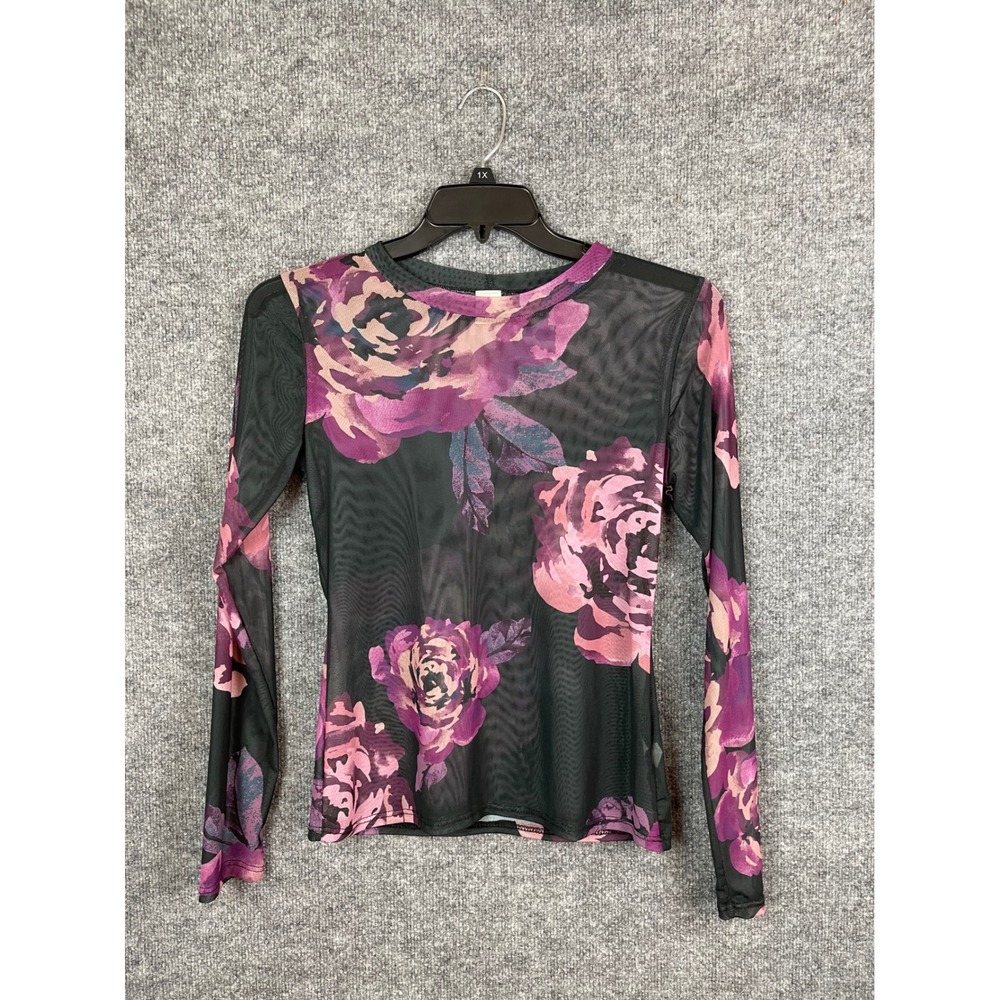 Like Love Mesh Top Womens Medium Black Purple Floral Long Sleeve Excellent Rose